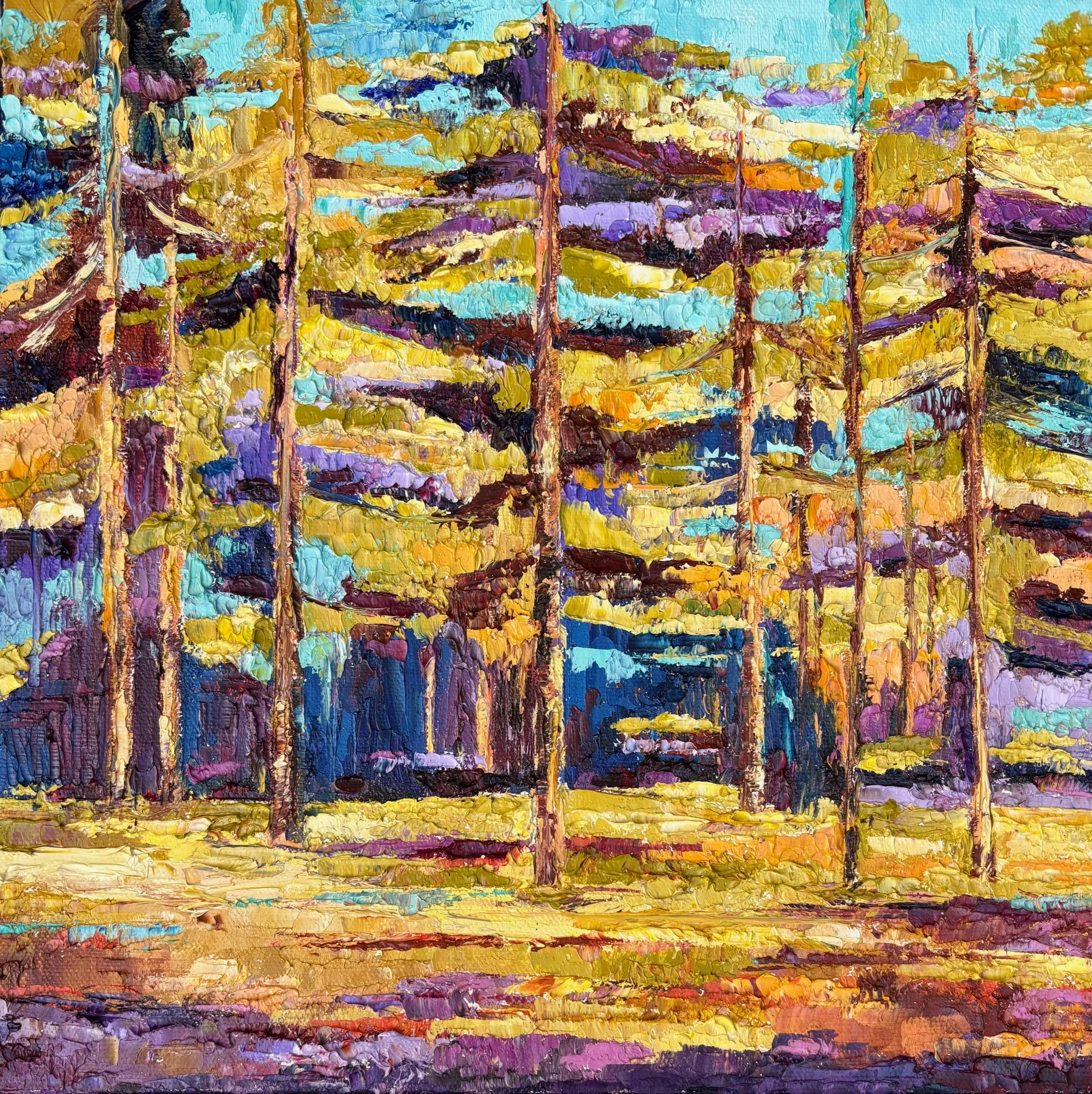 An impressionist painting of a forest with tall trees, colorful leaves, and sunlight filtering through, using vibrant and textured brushstrokes.