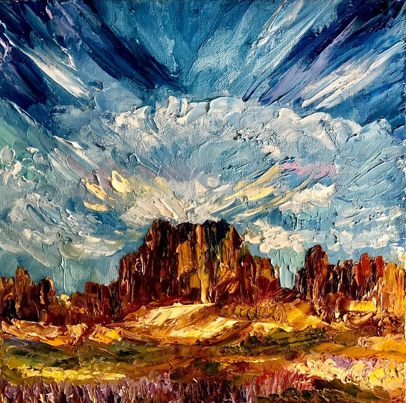 Oil painting of a desert landscape with towering red rocks under a sky filled with swirling clouds.