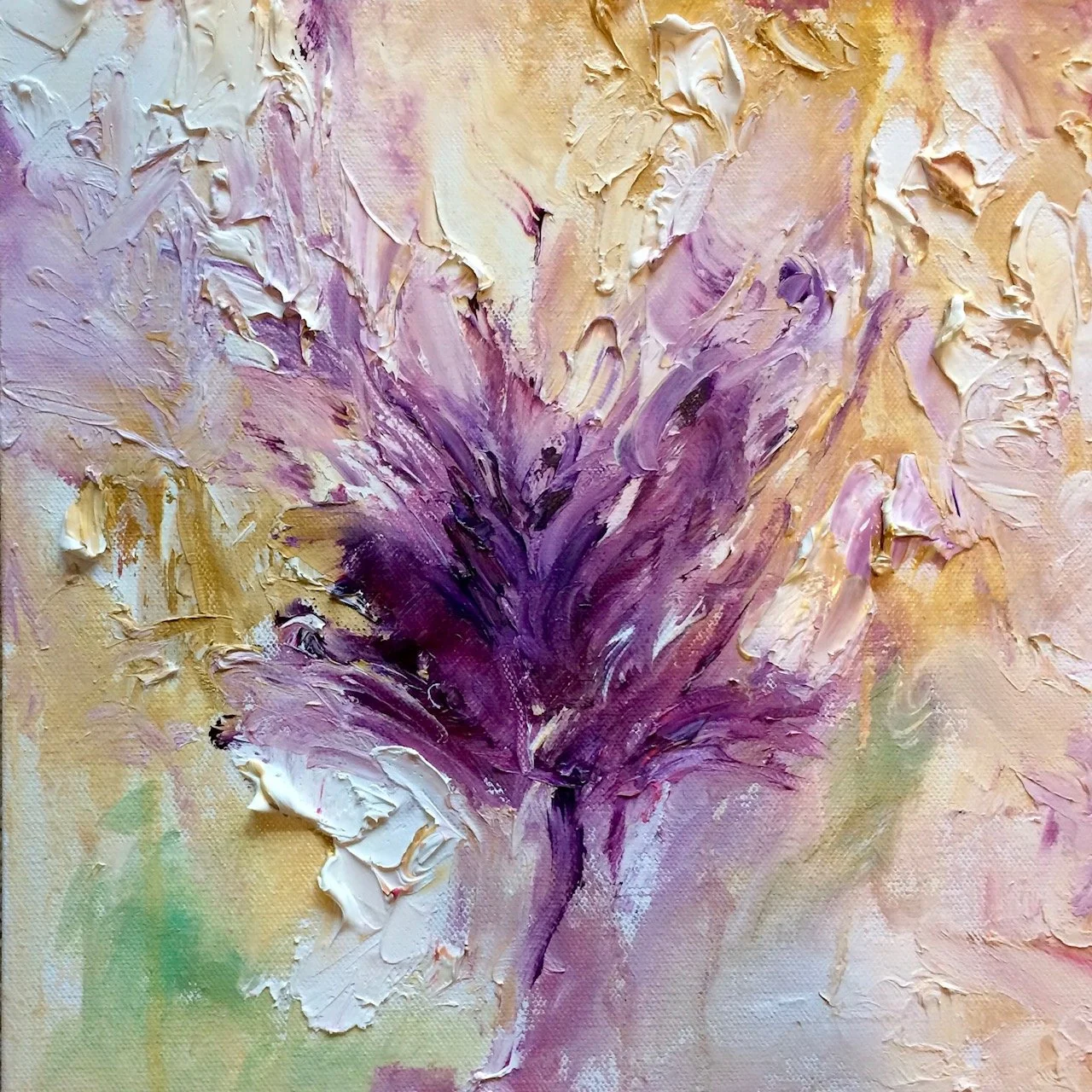 Abstract painting with thick purple, pink, white, and yellow brushstrokes, creating a textured floral or burst-like appearance.