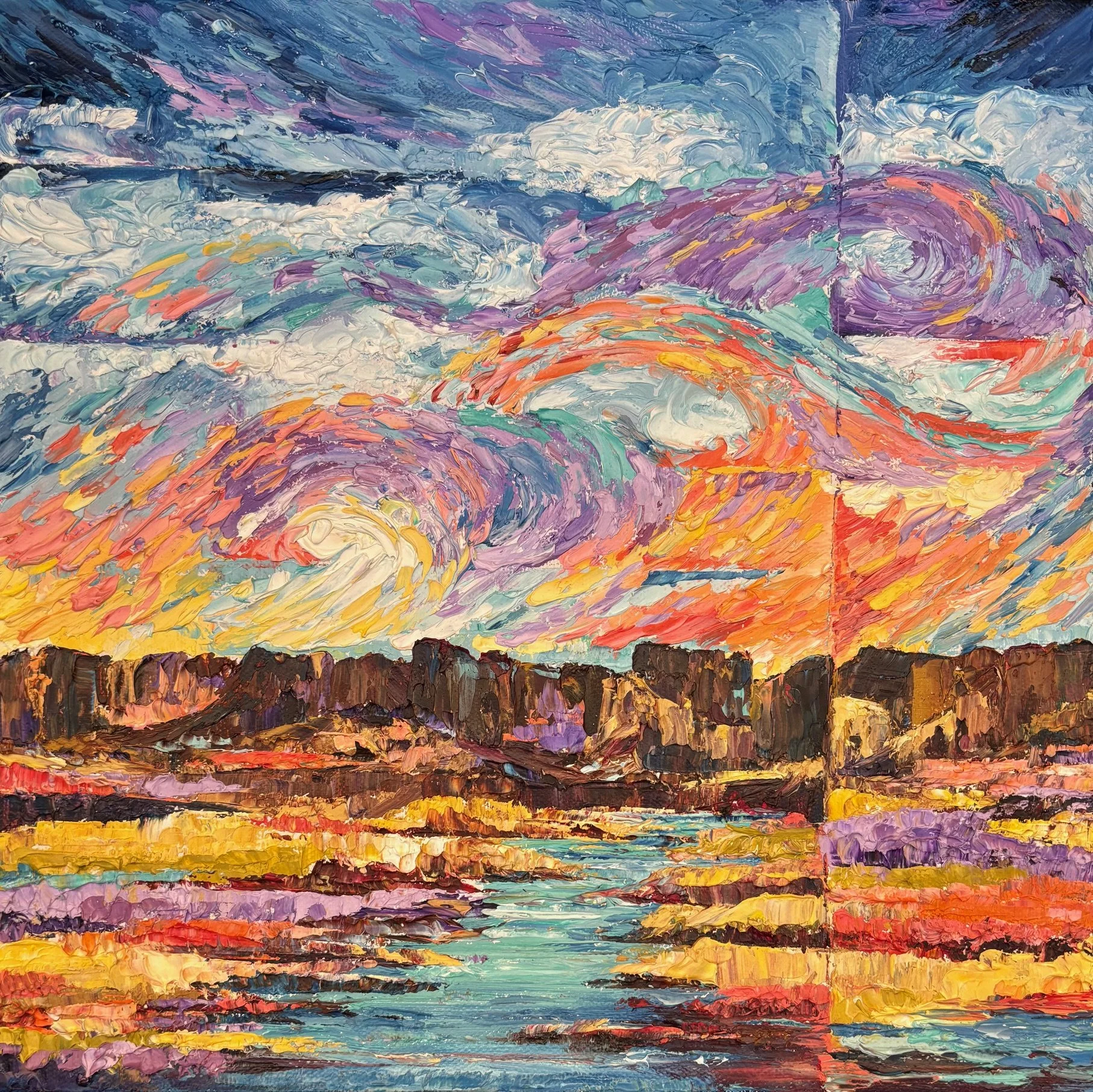 Impressionist oil painting of a dramatic sunset over a river with clouds and mountains in the background, using vibrant colors and thick brushstrokes.