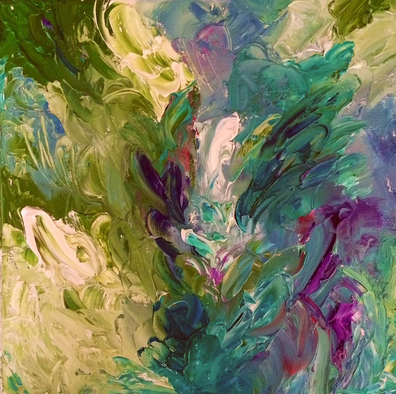 Abstract painting with bold, swirling brushstrokes in shades of green, purple, white, and hints of blue and red.