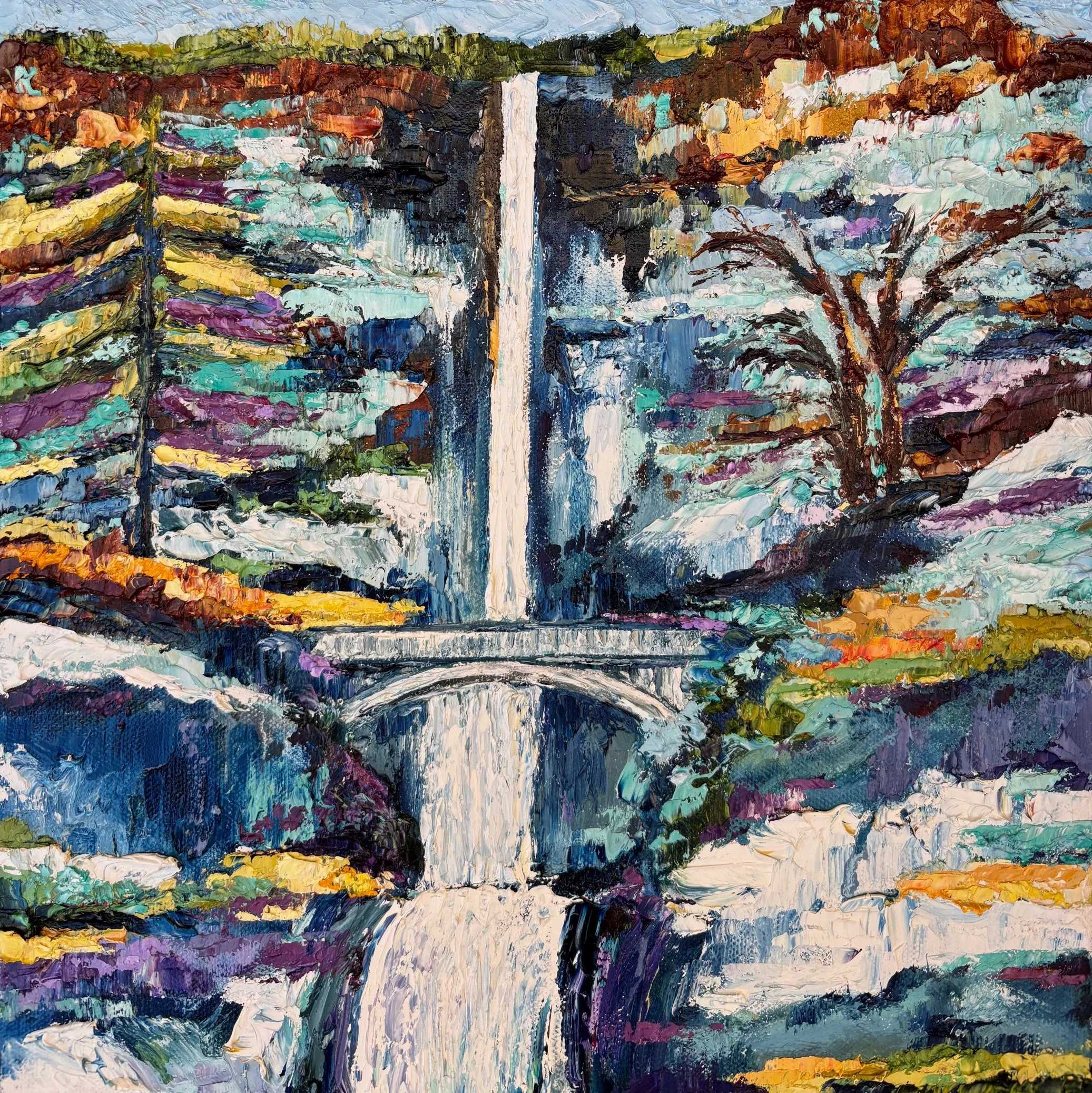 An impressionist-style painting of a waterfall cascading over rocks with a bridge spanning the water, surrounded by colorful trees and foliage.