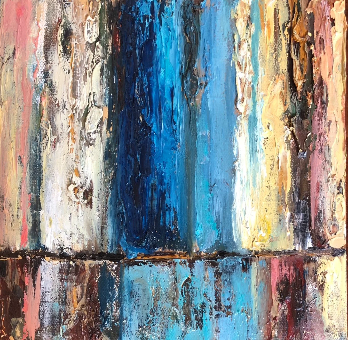 Abstract impressionistic painting with bold streaks of blue, white, tan, pink, and black colors.