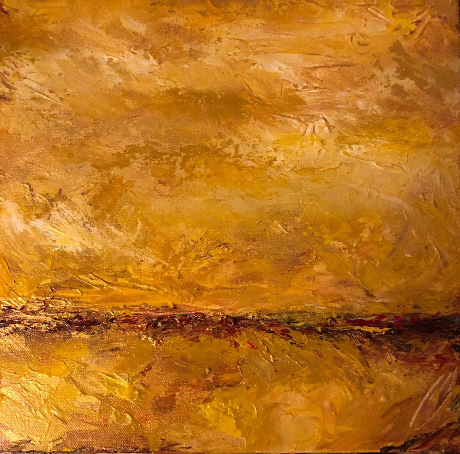 Abstract painting with warm colors of yellow, orange, and brown, featuring textured brushstrokes and a horizontal line across the middle.