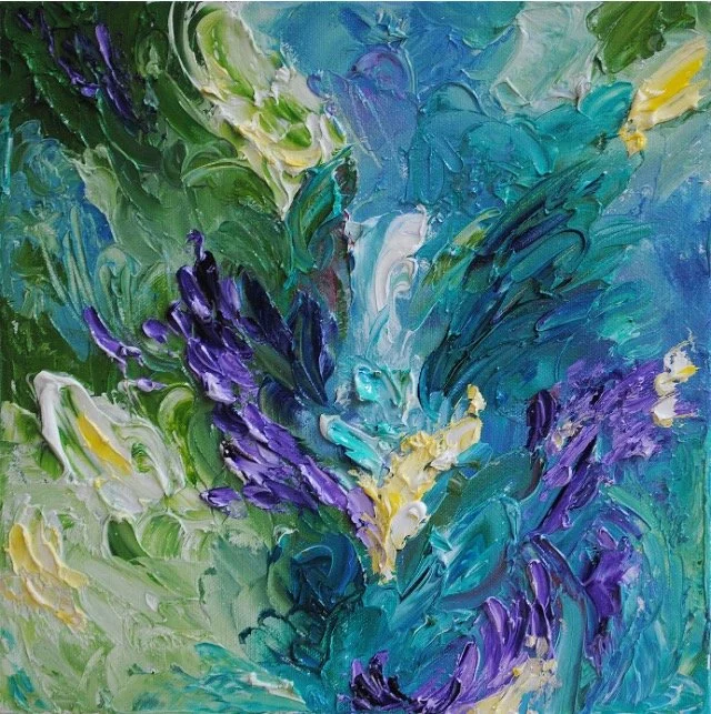 An abstract oil painting featuring swirling shades of green, purple, blue, white, and yellow, resembling a floral or nature-inspired scene.