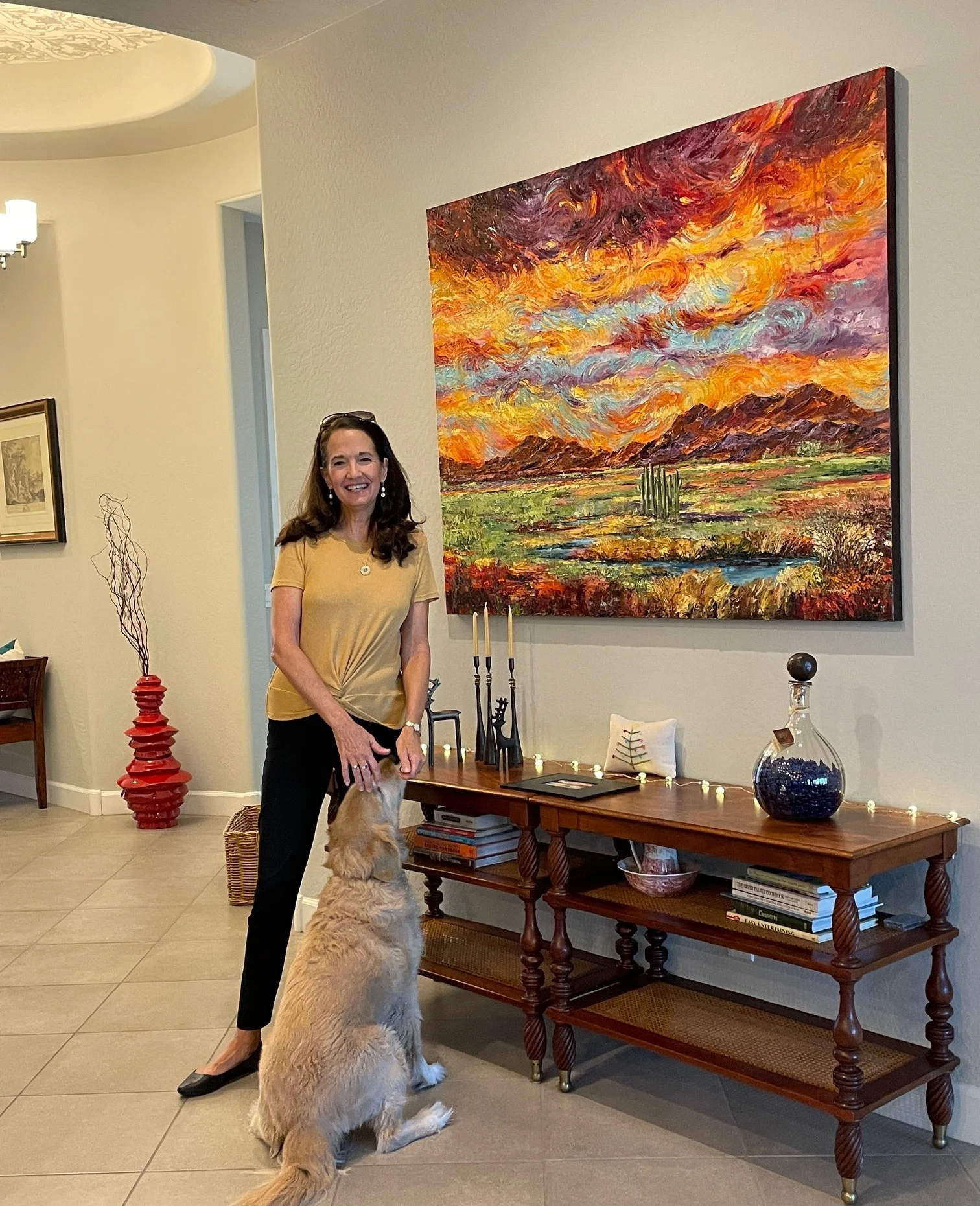 Karen with Monsoon in the owner's Arizona home.
