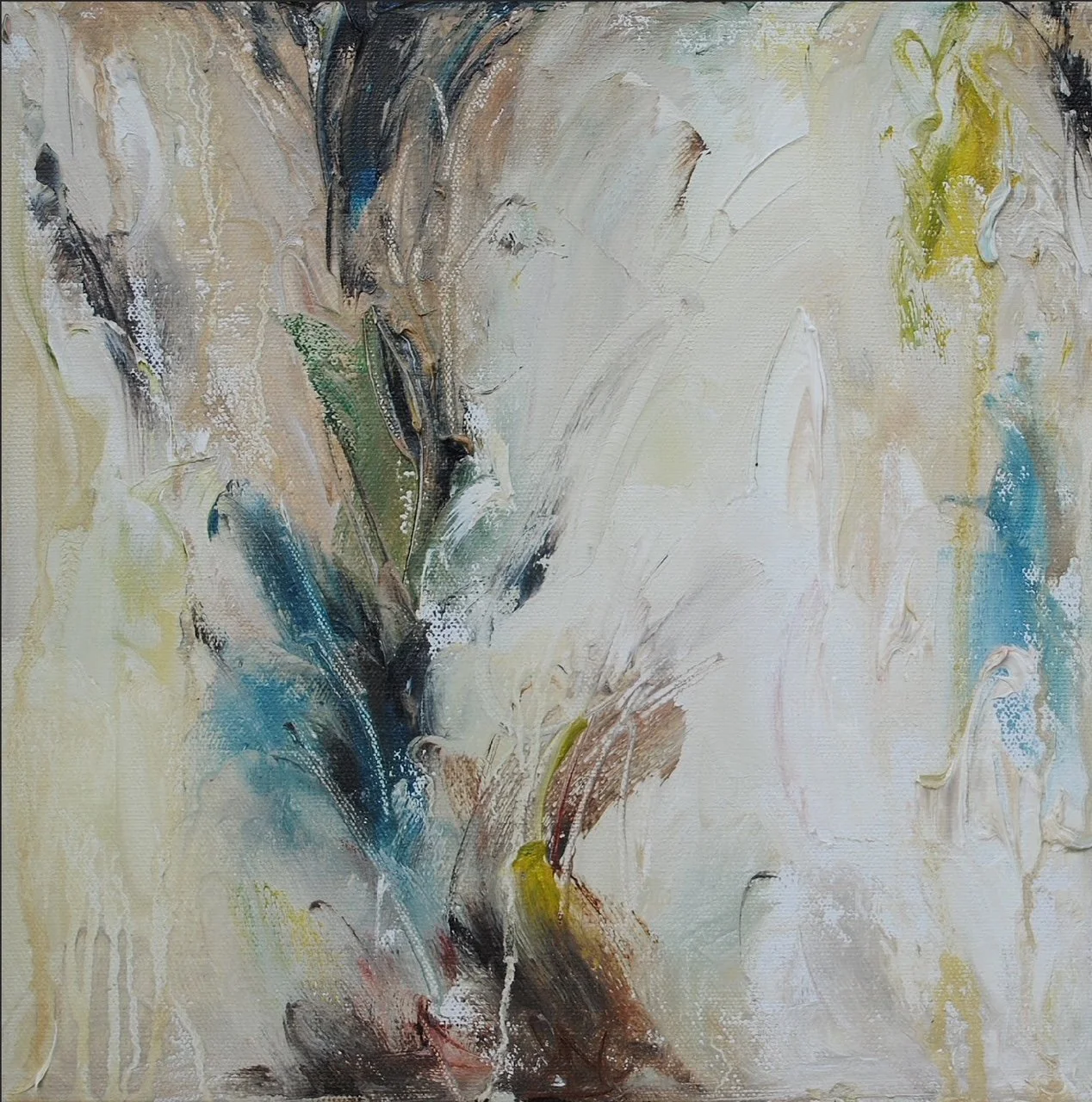 Abstract painting with beige, white, blue, green, black, brown, and yellow brushstrokes.
