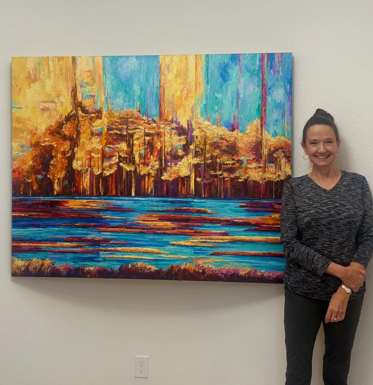 Karen with her November, 2025 commission "Autumn Ablaze" at residence in North Peoria, Arizona.
