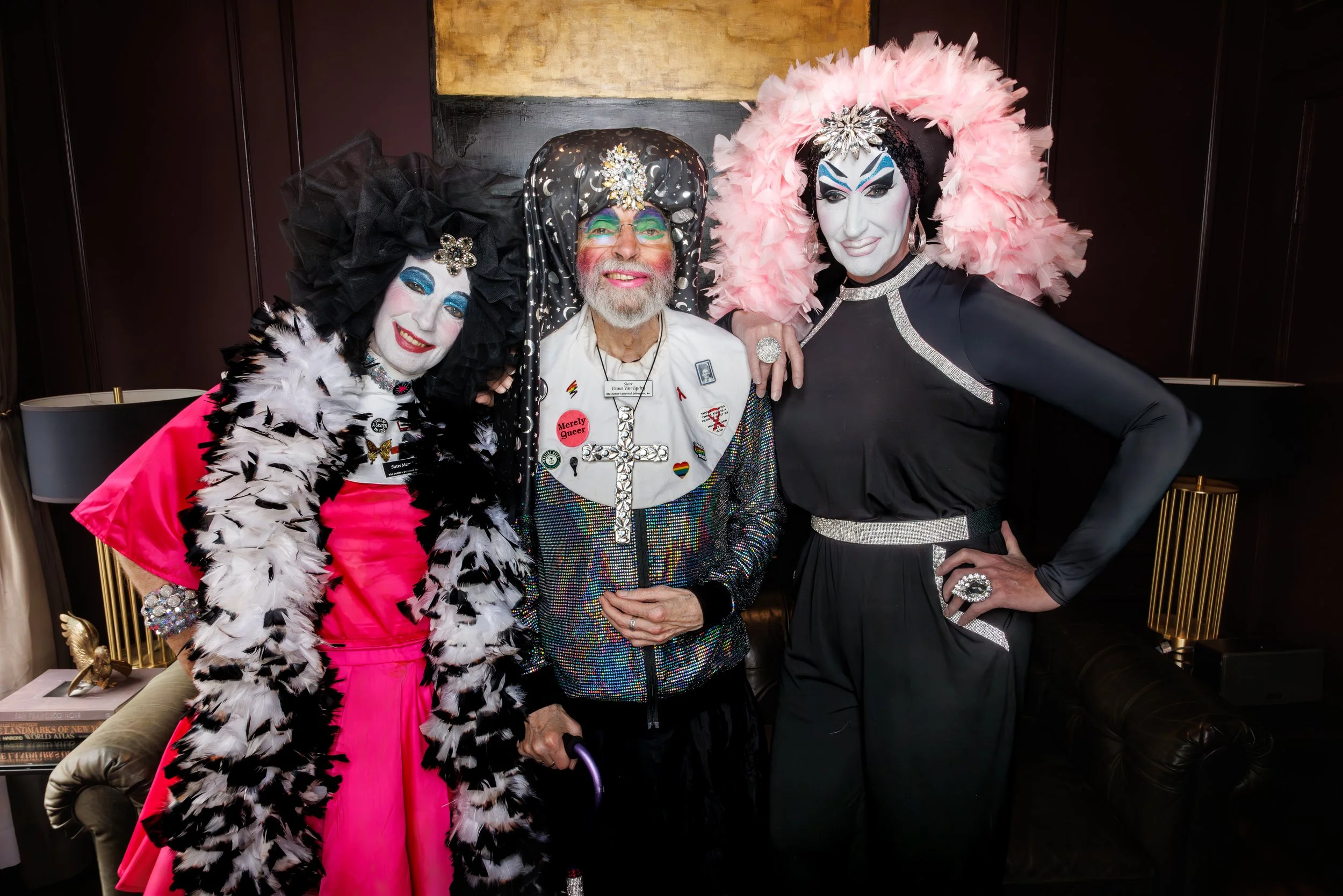 Sister Mary Media, Sister Dana Van Iquity, and Sister Roma of The Sisters of Perpetual Indulgence, Inc. in San Francisco. pose for a picture at The Academy SF in The Castro Neighborhood of San Francisco. Photo by Fred Rowe.