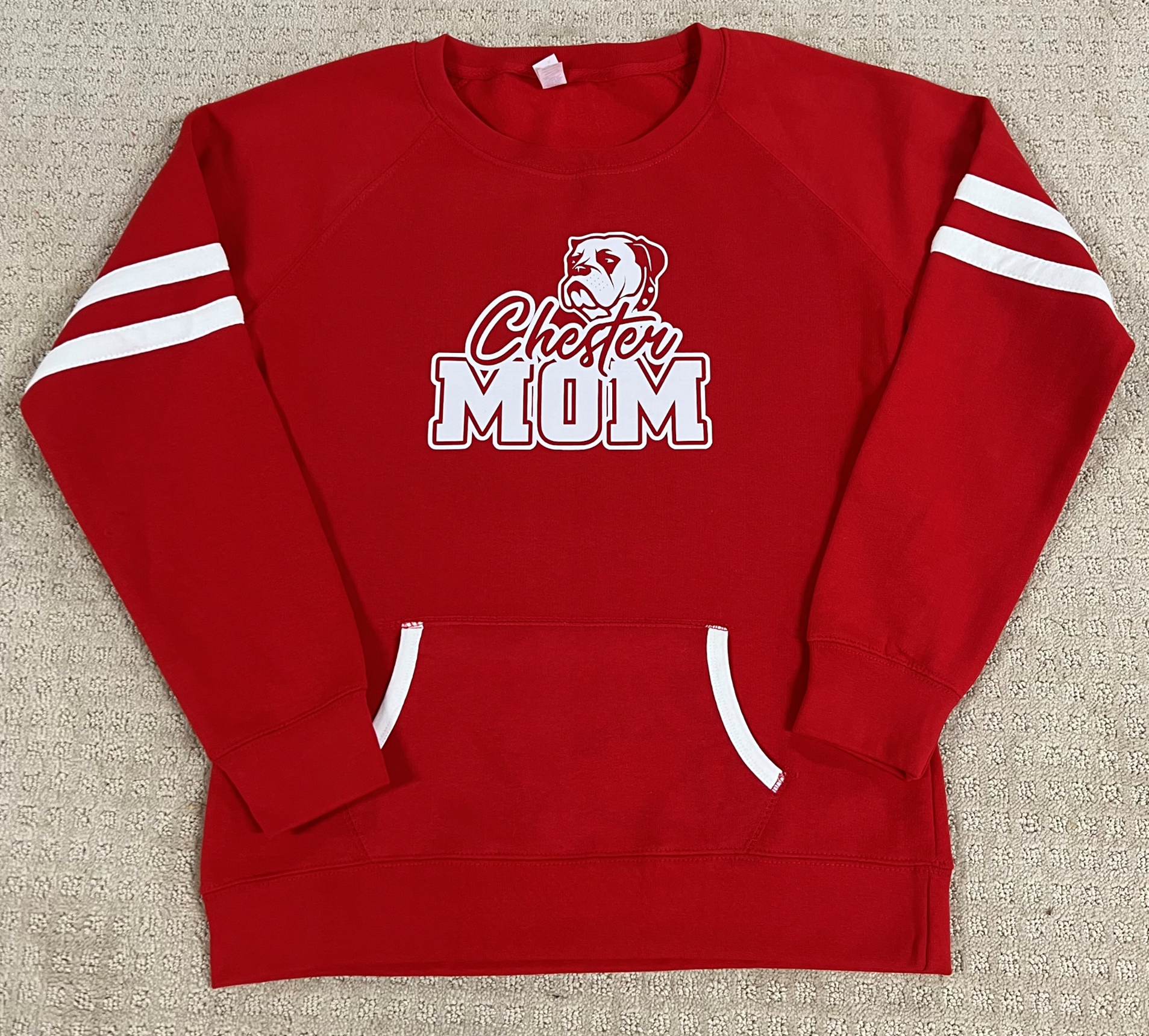 Women's  "Chester Mom" Red Crewneck Fleece wth front pocket