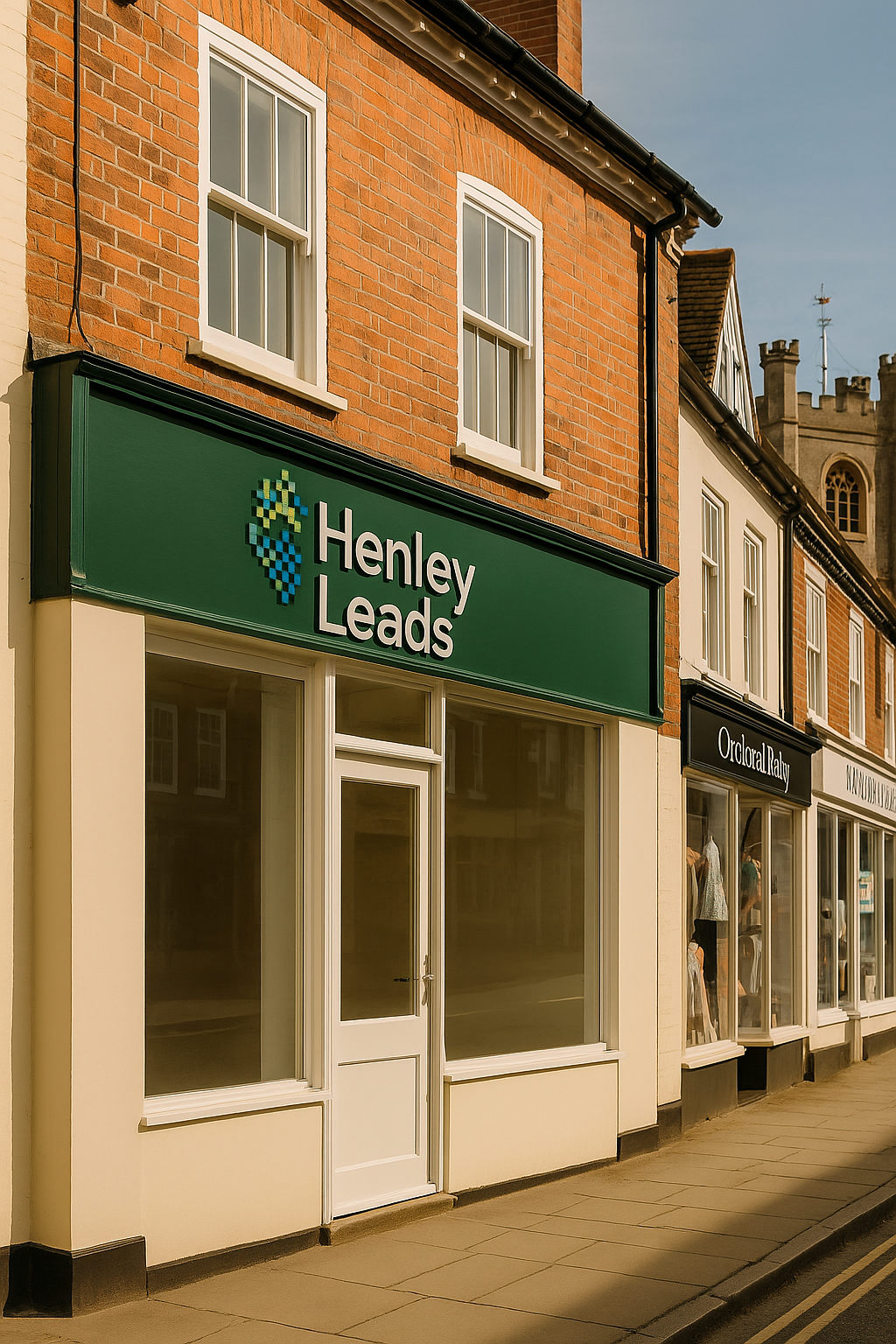 Storefront with signs for 'Henley Leads' and 'Oxford Rally' on a street with brick and cream-colored buildings.