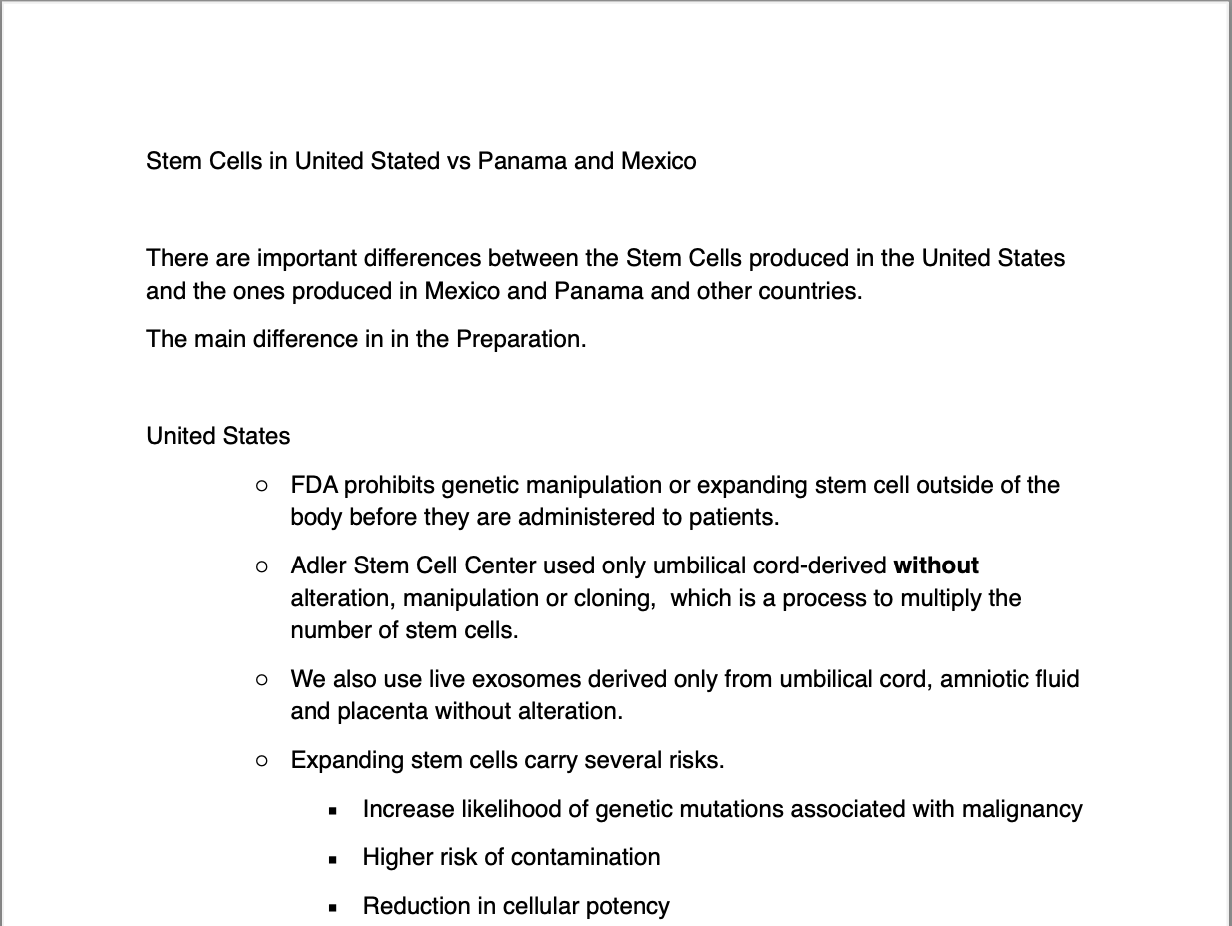 A document comparing stem cell production in the United States and Panama. It discusses differences in preparation, regulations, and risks such as genetic mutations, contamination, and potency reduction.
