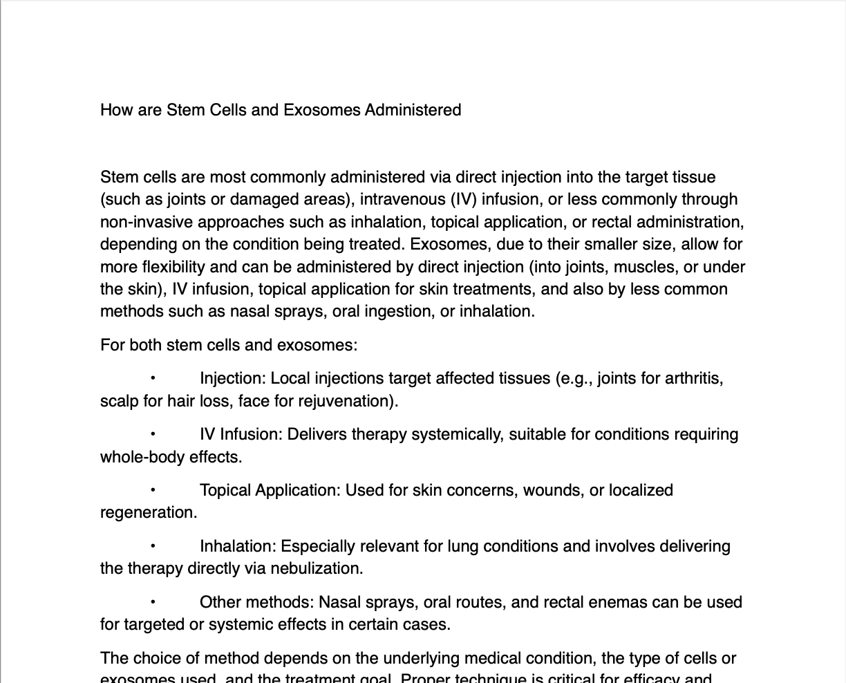 Text explaining how stem cells and exosomes are administered, including injection, IV infusion, topical application, inhalation, and other methods. Describes uses for treating joint issues, skin concerns, and systemic conditions.