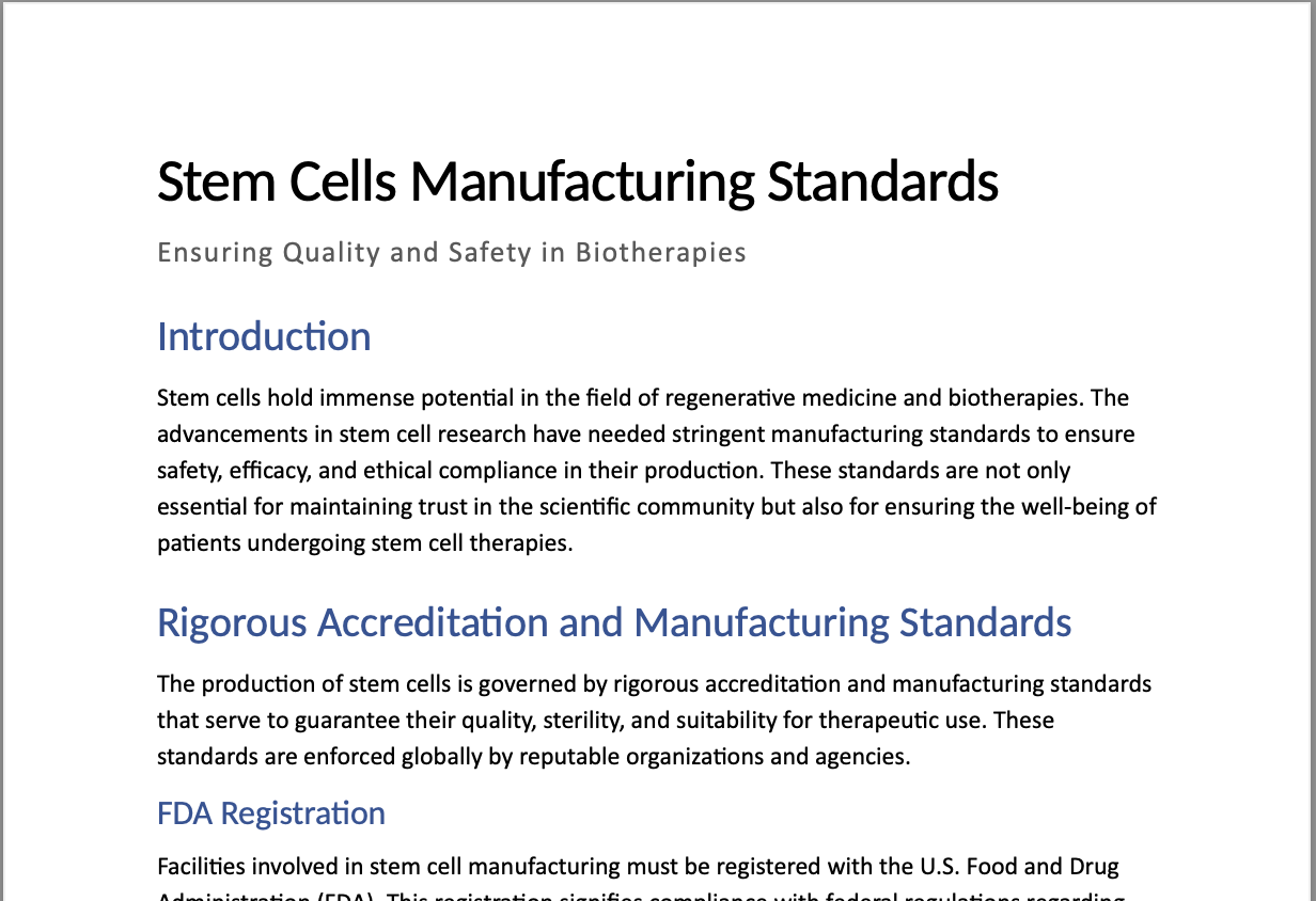 Document titled 'Stem Cells Manufacturing Standards' with sections on introduction, accreditation, and FDA registration.