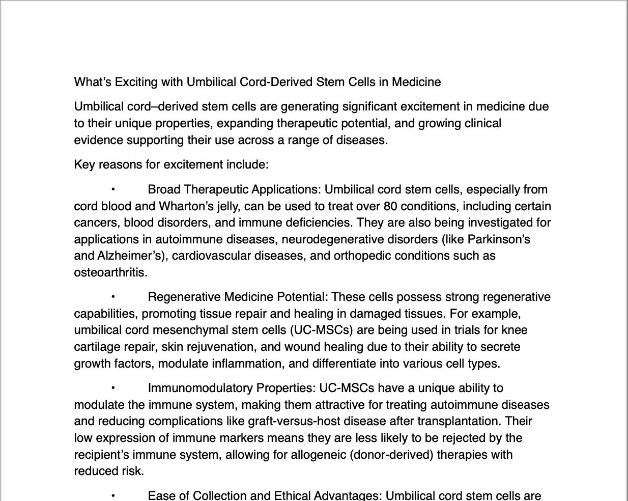 A document titled 'What's Exciting with Umbilical Cord-Derived Stem Cells in Medicine' discussing the therapeutic applications, regenerative potential, immunomodulatory properties, and ethical advantages of umbilical cord stem cells.