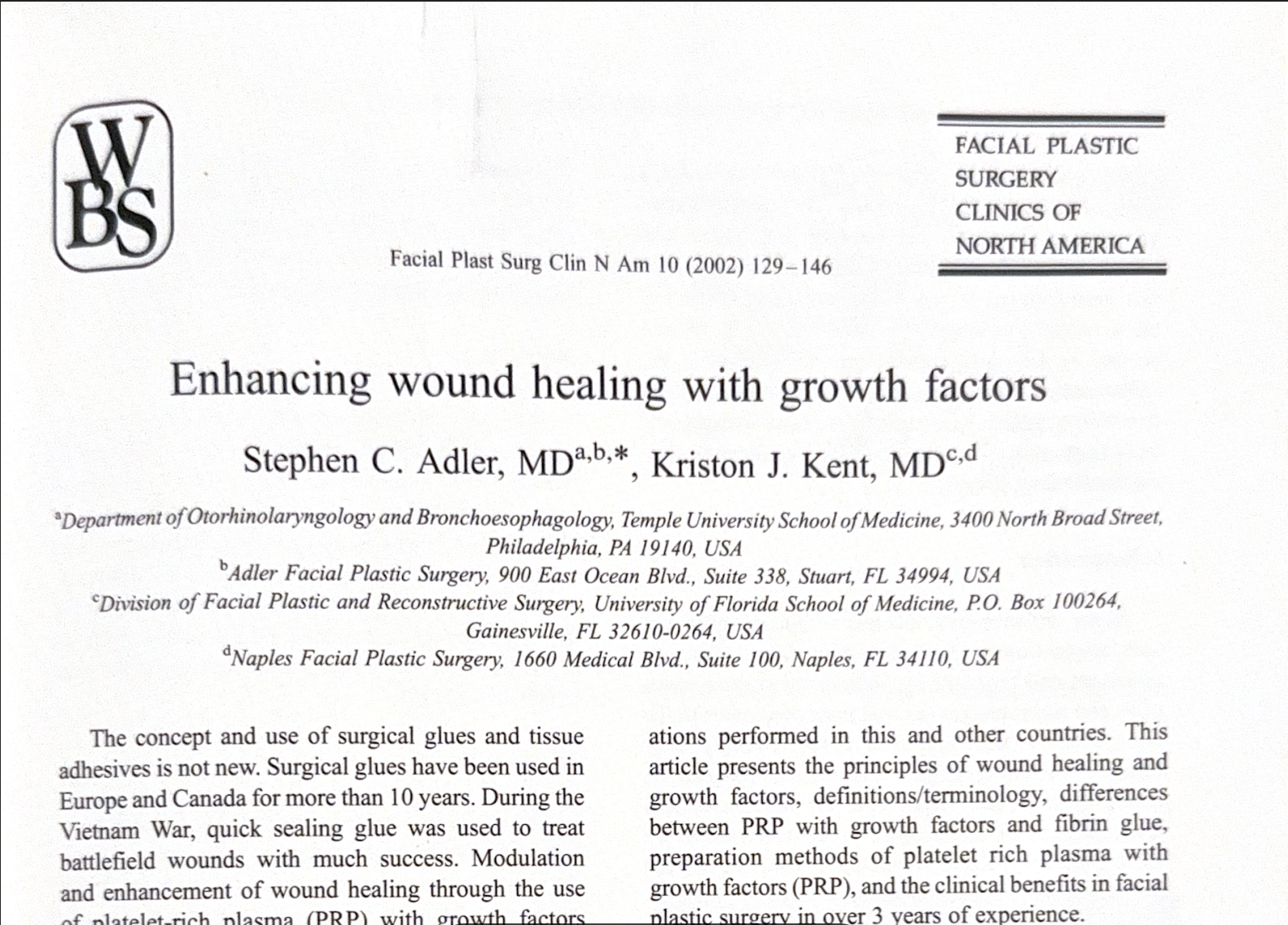 Research paper titled 'Enhancing wound healing with growth factors' by Steven C. Adler, MD and Kriston J. Kent, MD, published in a medical journal from 2002, with a logo of WBS in the top left corner and medical and institutional affiliations listed.