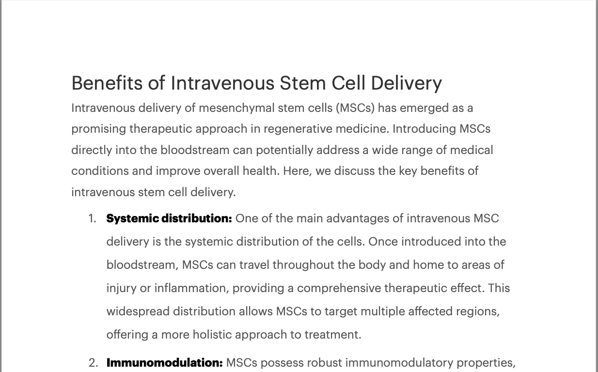 A document titled "Benefits of Intravenous Stem Cell Delivery" explaining the therapeutic potential of MSCs for regenerating medicine, systemic distribution advantages, and immunomodulatory properties.