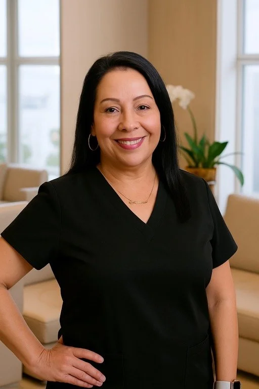 Smiling woman with black hair, wearing a black top, standing in a bright living room with large windows, a beige sofa, and a potted plant in the background.