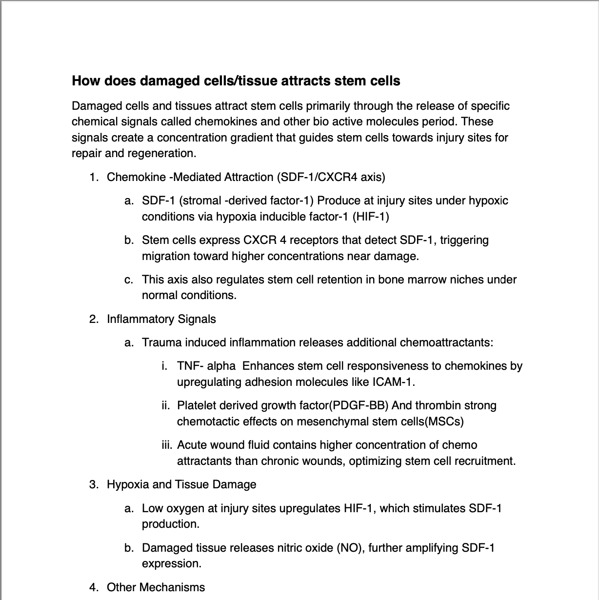 Text document titled 'How does damaged cells/tissue attract stem cells.' The document explains the process of attracting stem cells through signaling mechanisms, including chemokine-mediated attraction, inflammatory signals, tissue damage, and other mechanisms.
