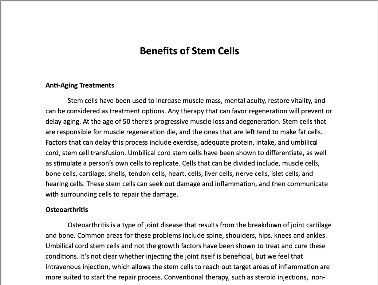 Document titled 'Benefits of Stem Cells' discussing anti-aging treatments and osteoarthritis, detailing uses, effects, and potential benefits.