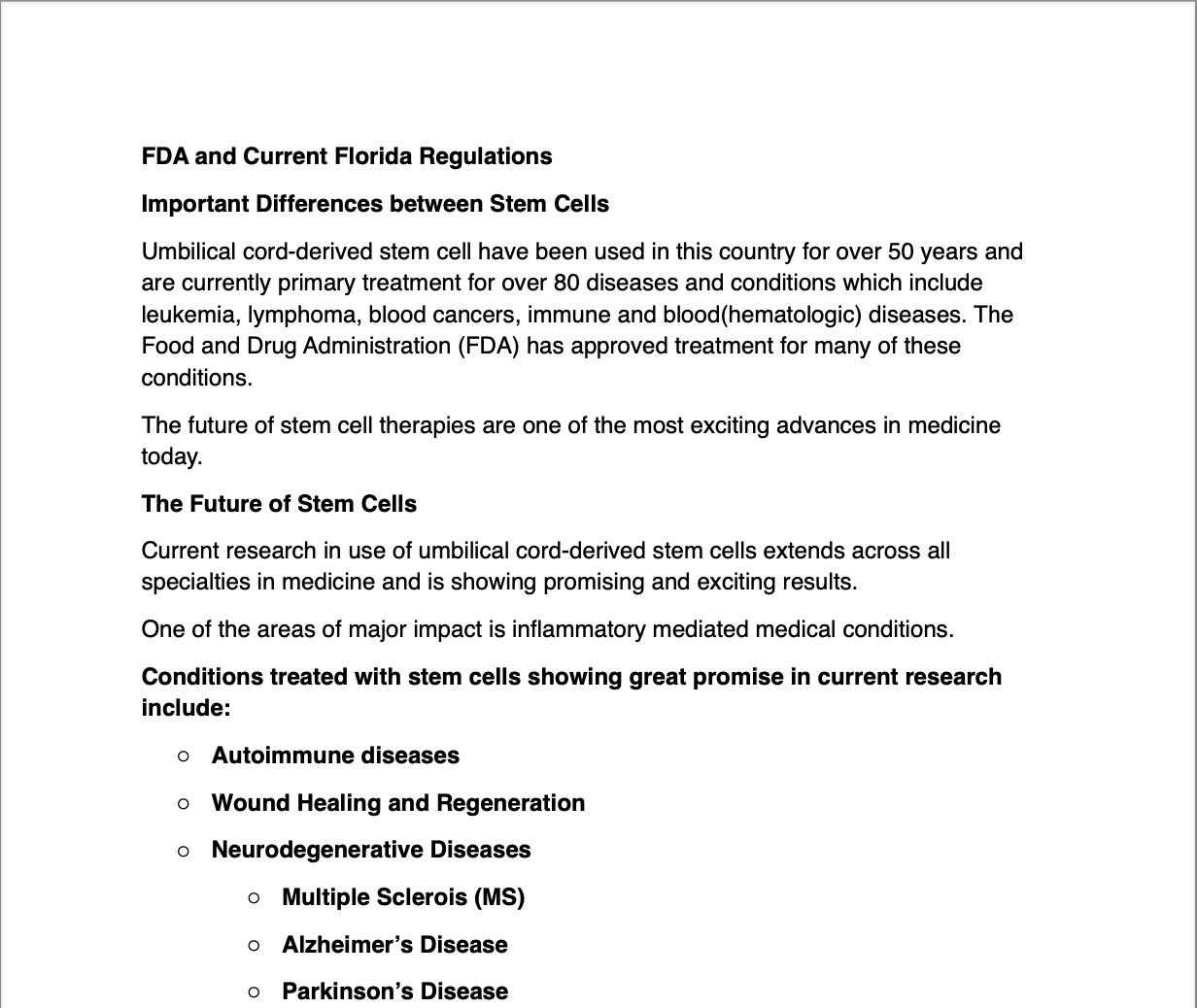 Page discussing FDA regulations and advancements in stem cell therapies, including uses for treating various diseases and conditions like autoimmune diseases, wound healing, and neurodegenerative diseases such as MS, Alzheimer's, and Parkinson's.