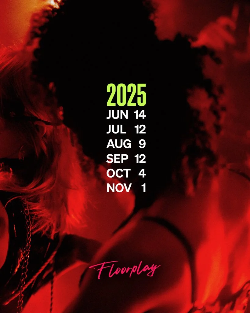 A promotional poster for a nightlife event called 'Floorplay,' featuring the date June 14, 2025, and additional event dates including July 12, August 9, September 12, October 4, and November 1. The background shows a silhouette of a person with curly