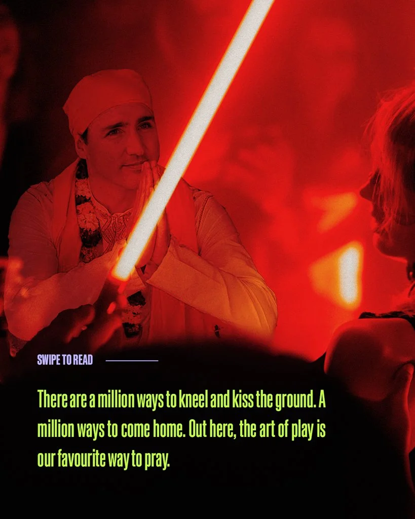 A person dressed as a prayerful nun, holding a light stick, engaging in an activity with another individual at night, surrounded by red lighting.