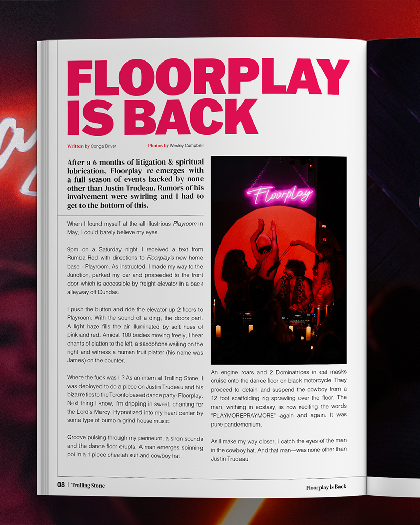 Magazine spread with a headline 'Floorplay is Back' in large pink letters, surrounded by descriptive text and a photo of people dancing at a nightclub with a neon sign that says 'Floorplay'.