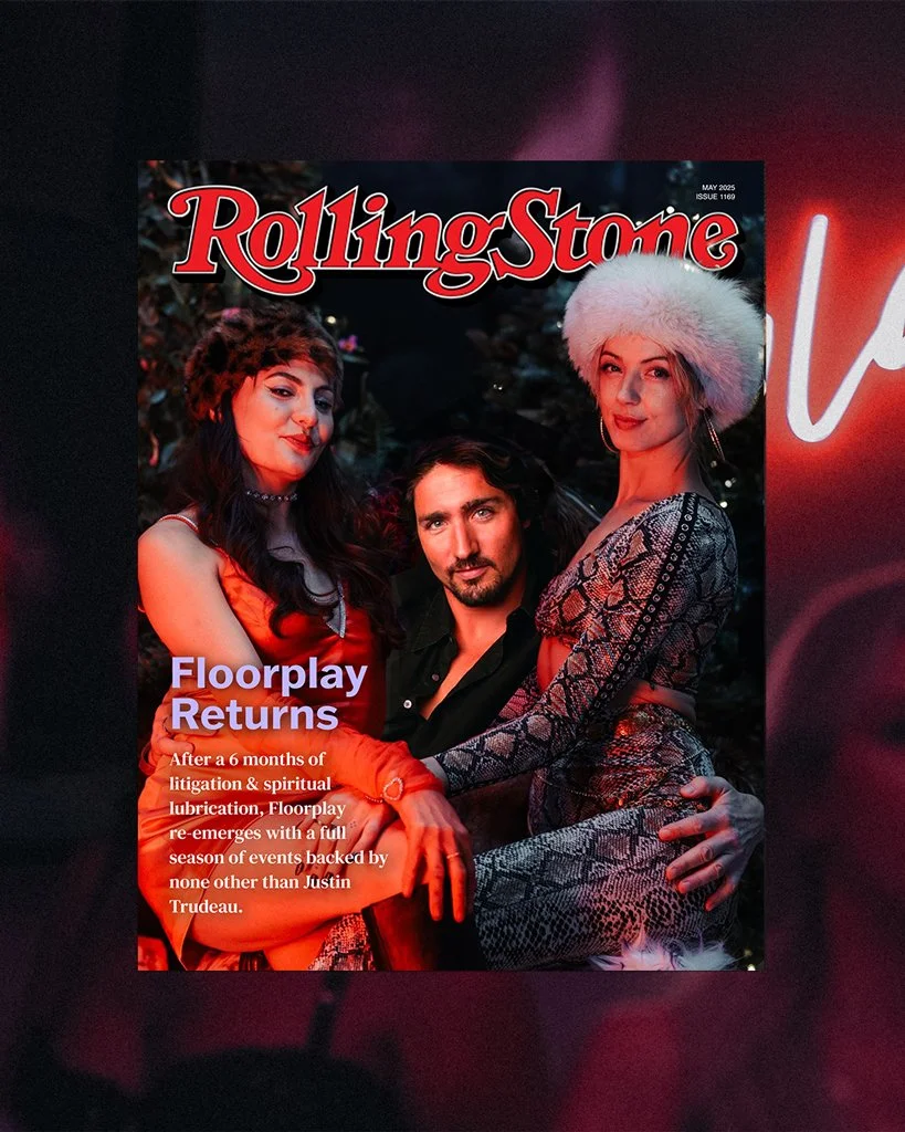 Cover of Rolling Stone magazine featuring three people dressed in stylish, vintage-inspired clothing, posing against a dark background with red and pink lighting, and the headline "Floorplay Returns."