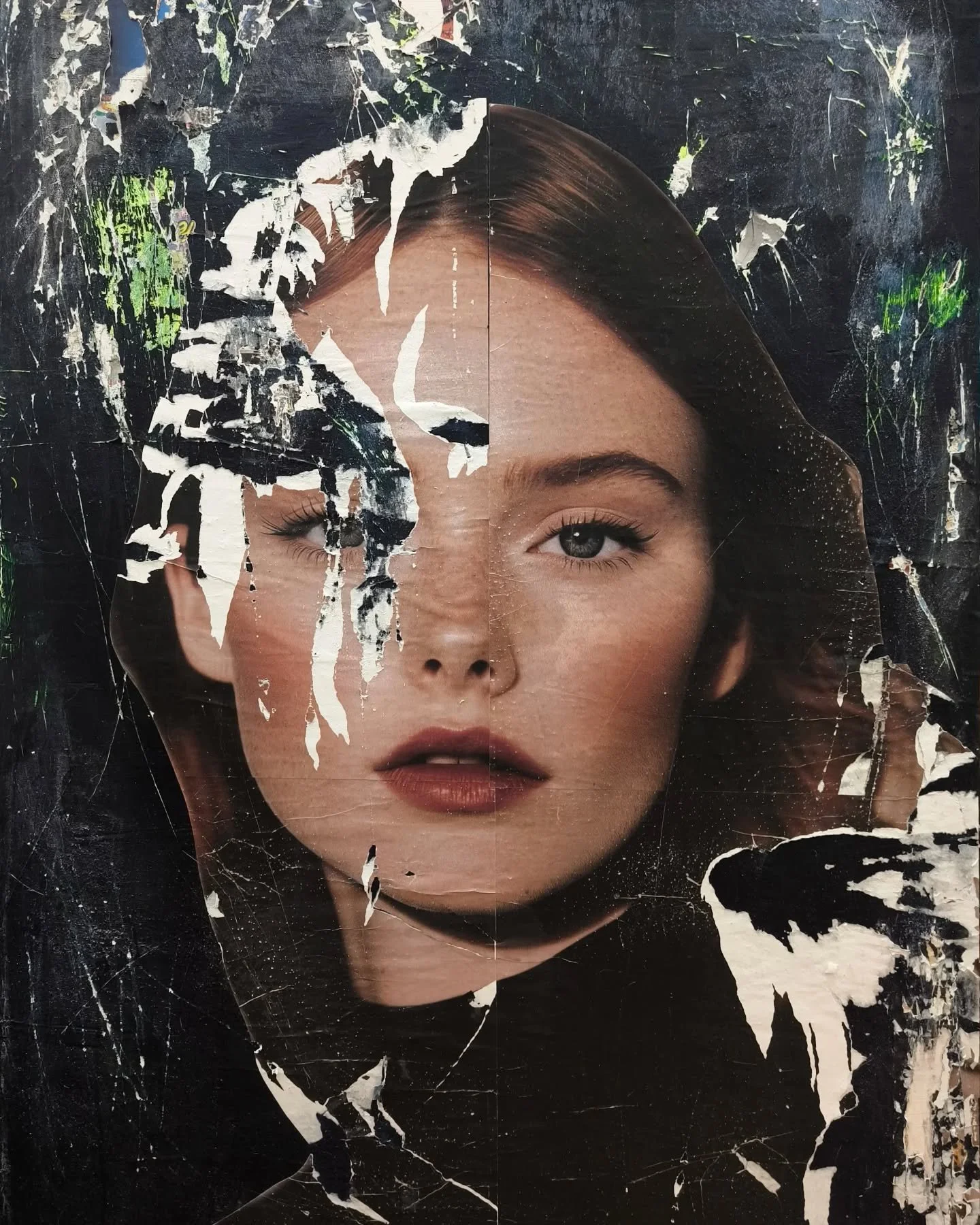 Make it shine.
83x122cm.
Mixed media on wooden panel.
Another spin on the idea that beauty and decay share their time together. This time pointing to a very classical fashion style, combined with layers of color and destruction.
Available at @canal__