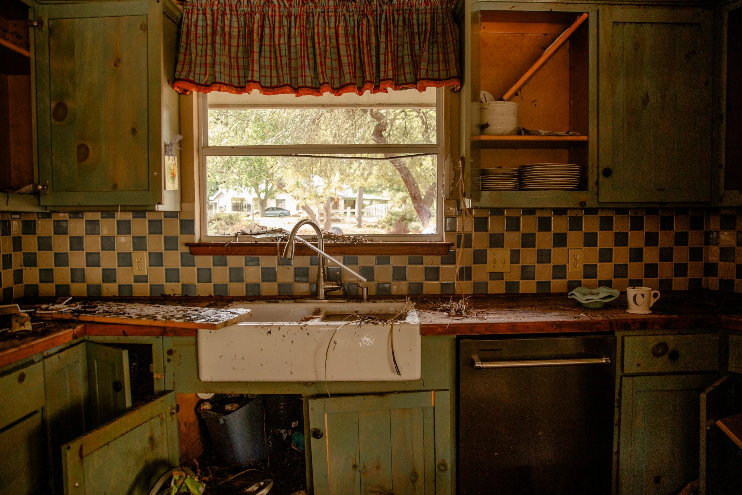 An abandoned, dirty kitchen with green cabinets, a white sink, and a window overlooking a yard with trees. The countertop is cluttered and dirty, with dishes and furniture. The cabinets are old and worn.