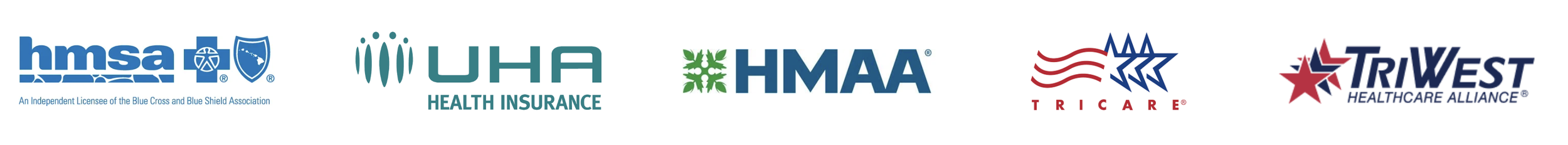 Logos of five healthcare organizations: HMSA, UHA, HMAA, Tricare, and TRIWEST.