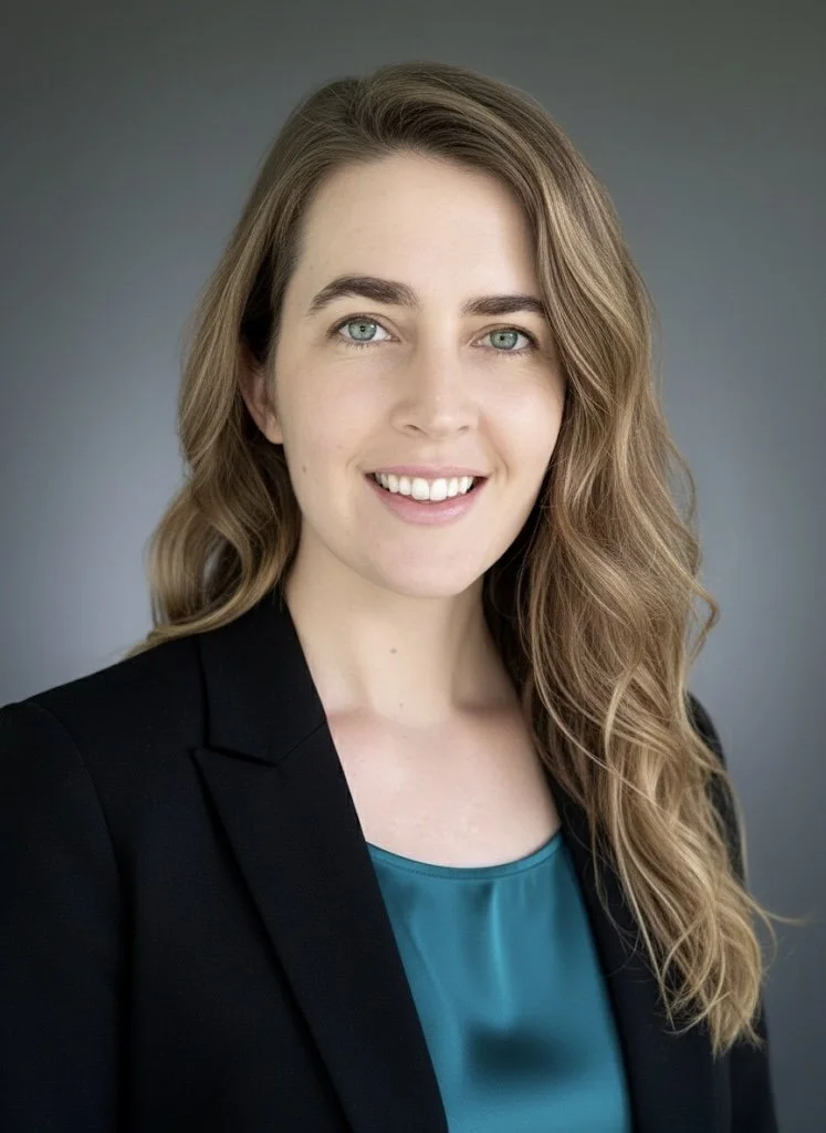 Headshot of a young woman with long wavy light brown hair, blue eyes, and a friendly smile, wearing a black blazer over a teal top, against a neutral gray background.