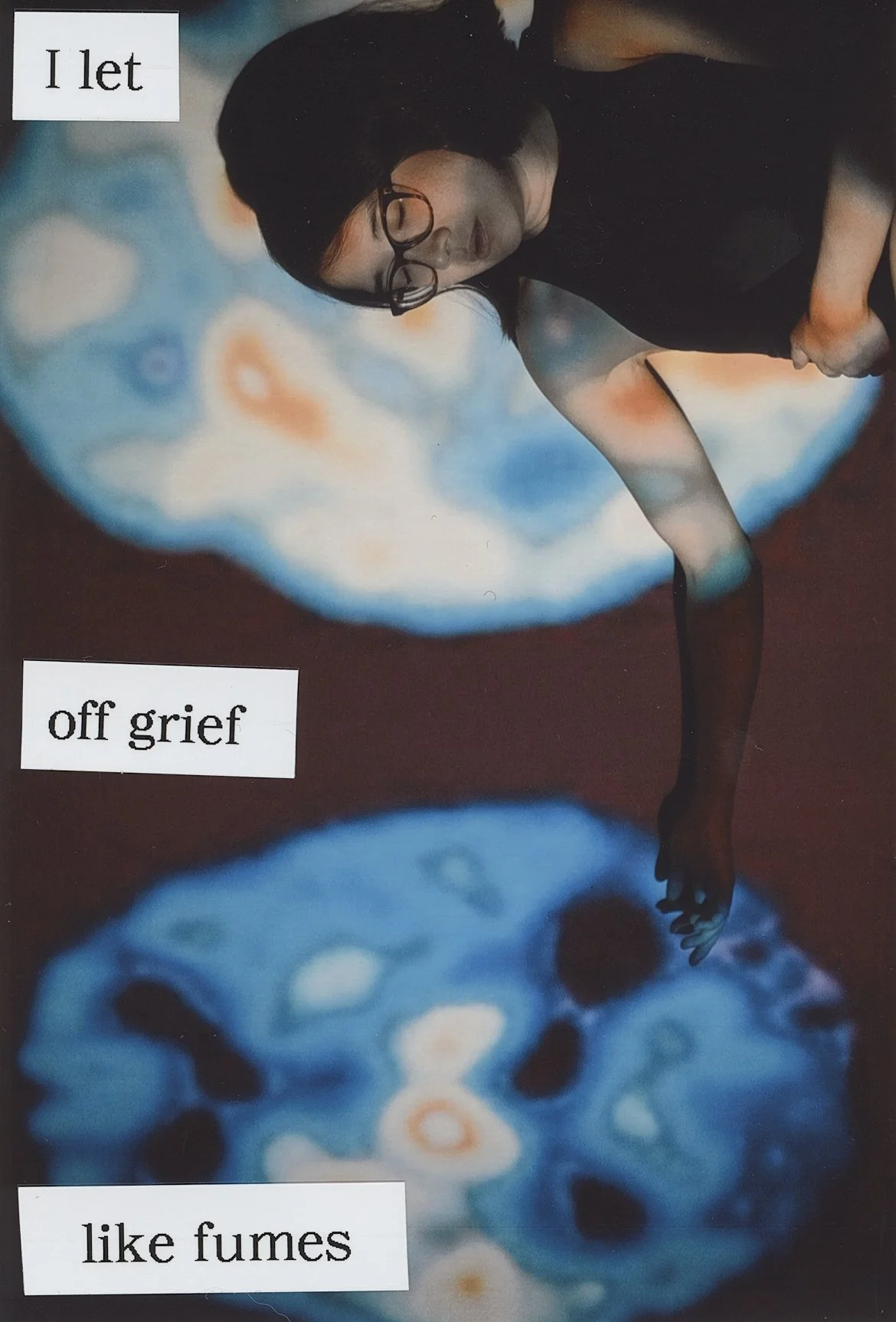 A woman with glasses and dark hair leaning forward, with graffiti-style artwork behind her. Three text blocks say: 'I let', 'off grief', and 'like fumes'.