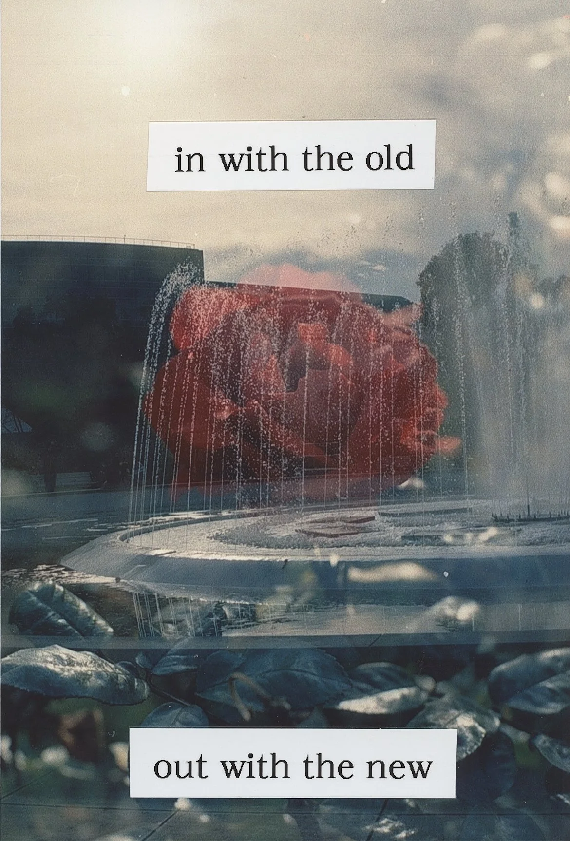 A reflection on a car window shows a person holding a camera, and water droplets are visible on the glass. Two overlays of text read: "in with the old" and "out with the new."