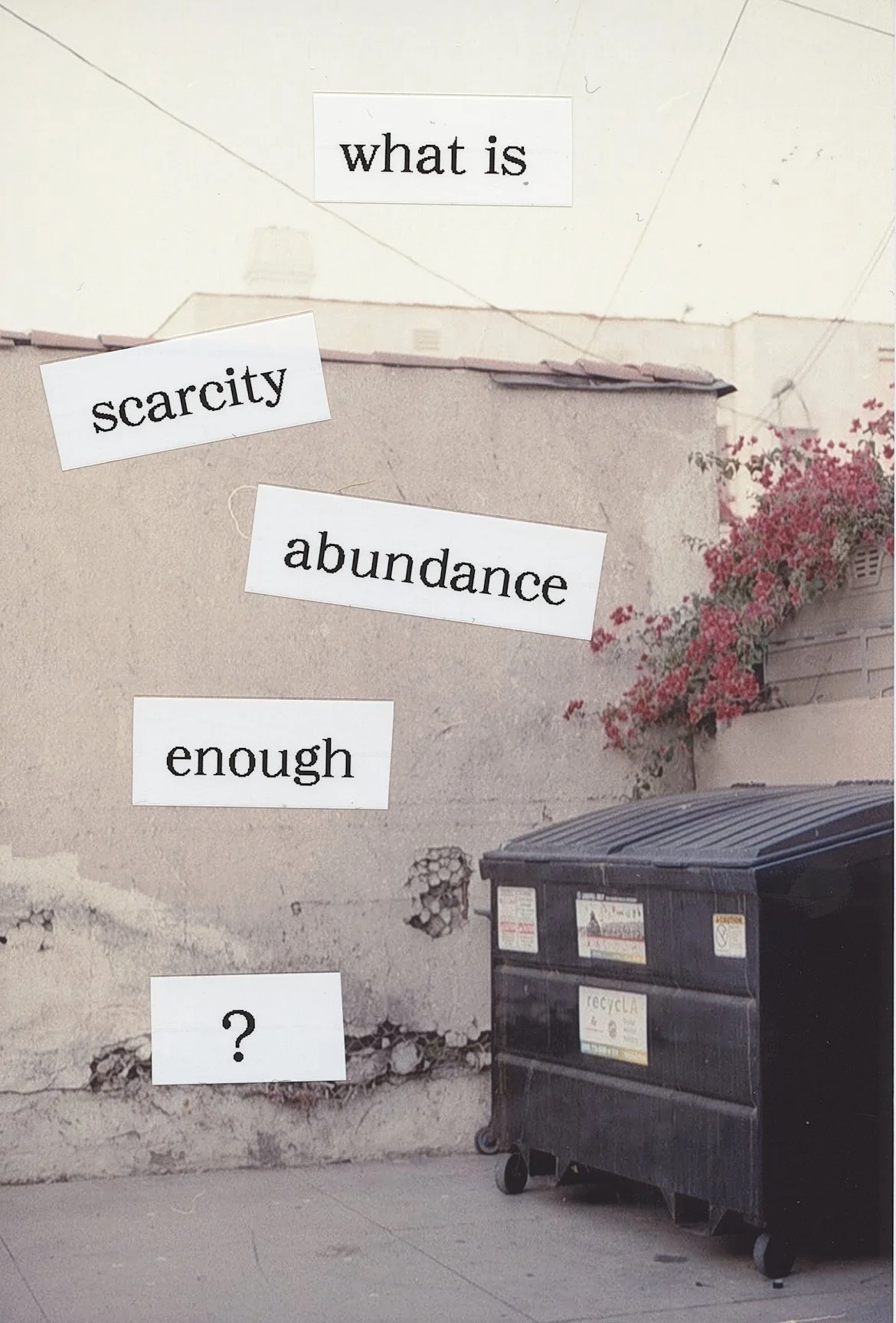 A wall with cracks and a trash bin in front, with words on paper cutouts that read "what is," "scarcity," "abundance," "enough," and a question mark.
