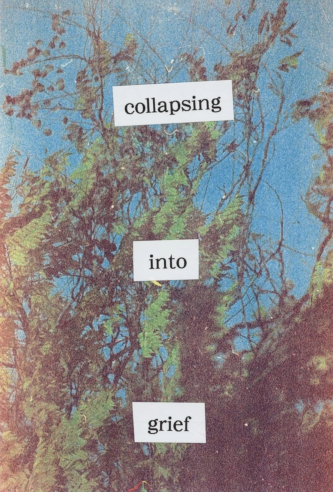The image features a background of a leafless tree with a blue sky. There are three white strips of paper with black text on them, positioned vertically. The top strip says "collapsing," the middle strip says "into," and the bottom strip says "grief.