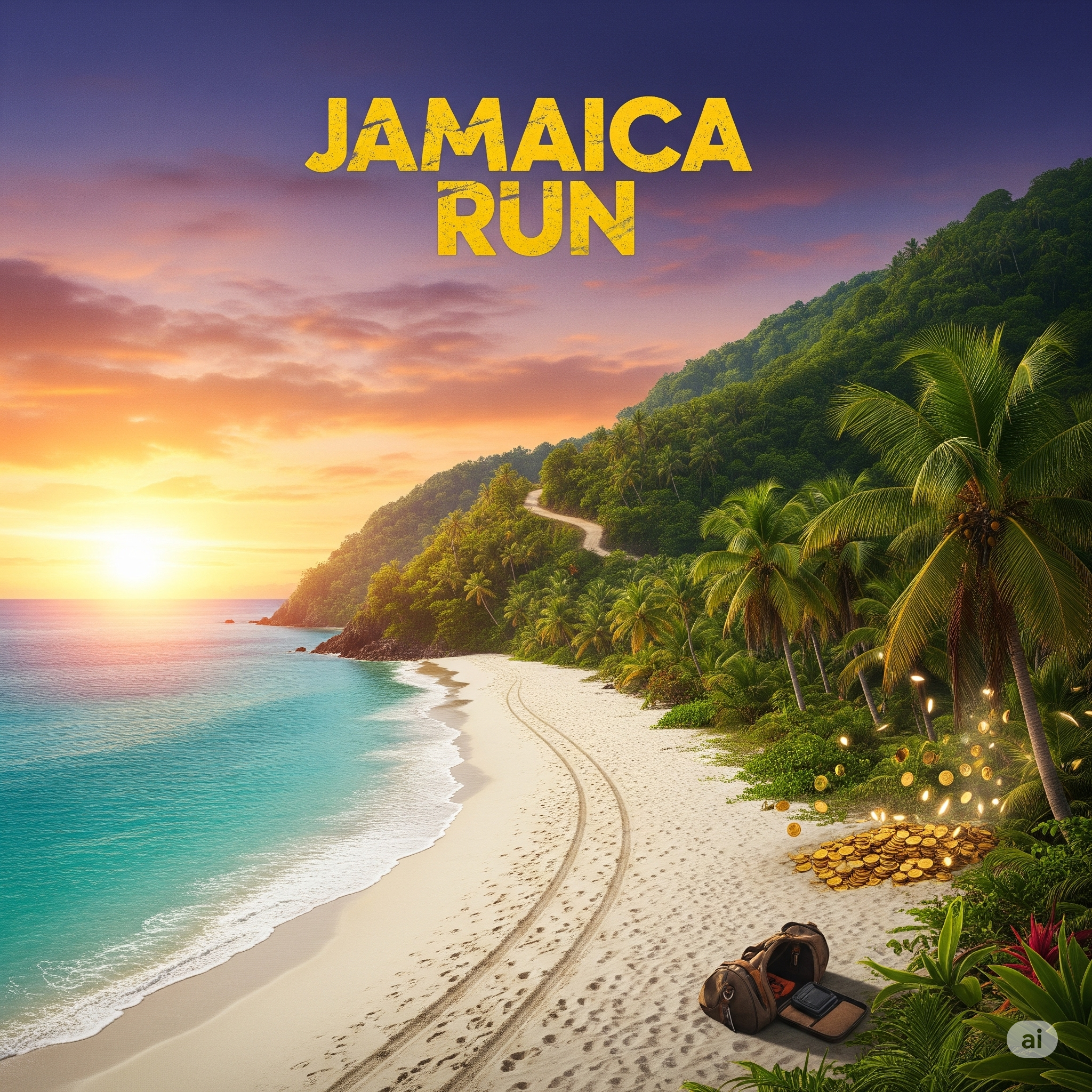Sunset over a tropical beach with palm trees, a winding hill, and the text 'JAMAICA RUN' in yellow at the top.