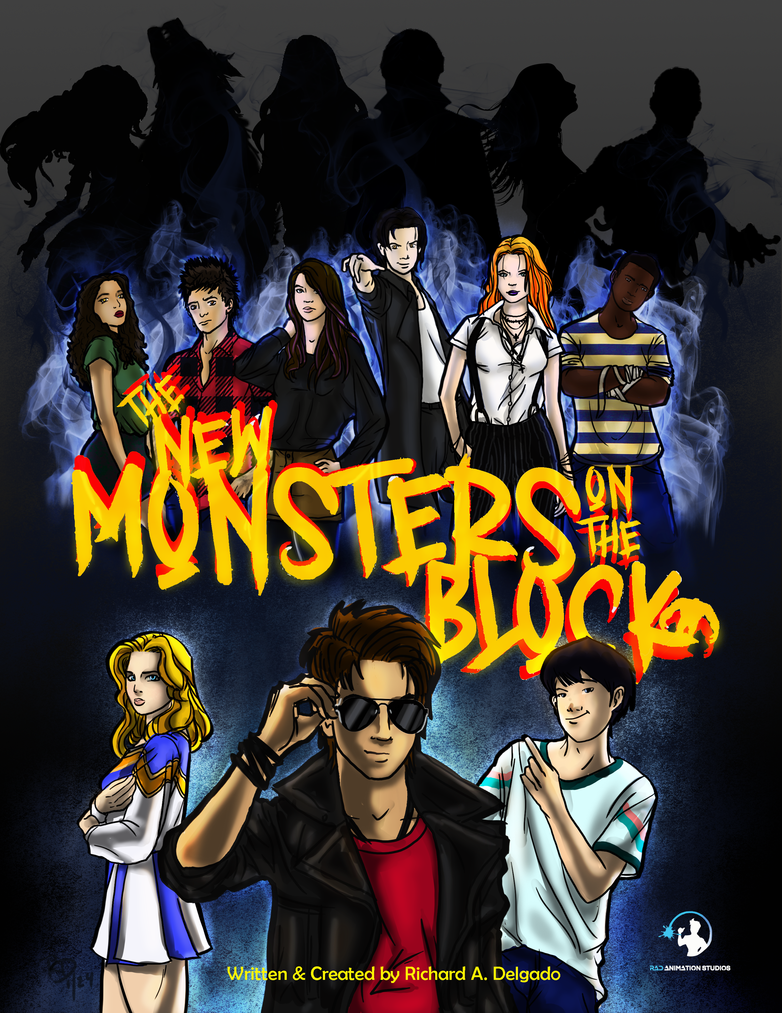 Animated poster promoting a show called 'The New Monsters on the Block,' featuring stylized illustrations of diverse young characters, with a dark and smoky background.