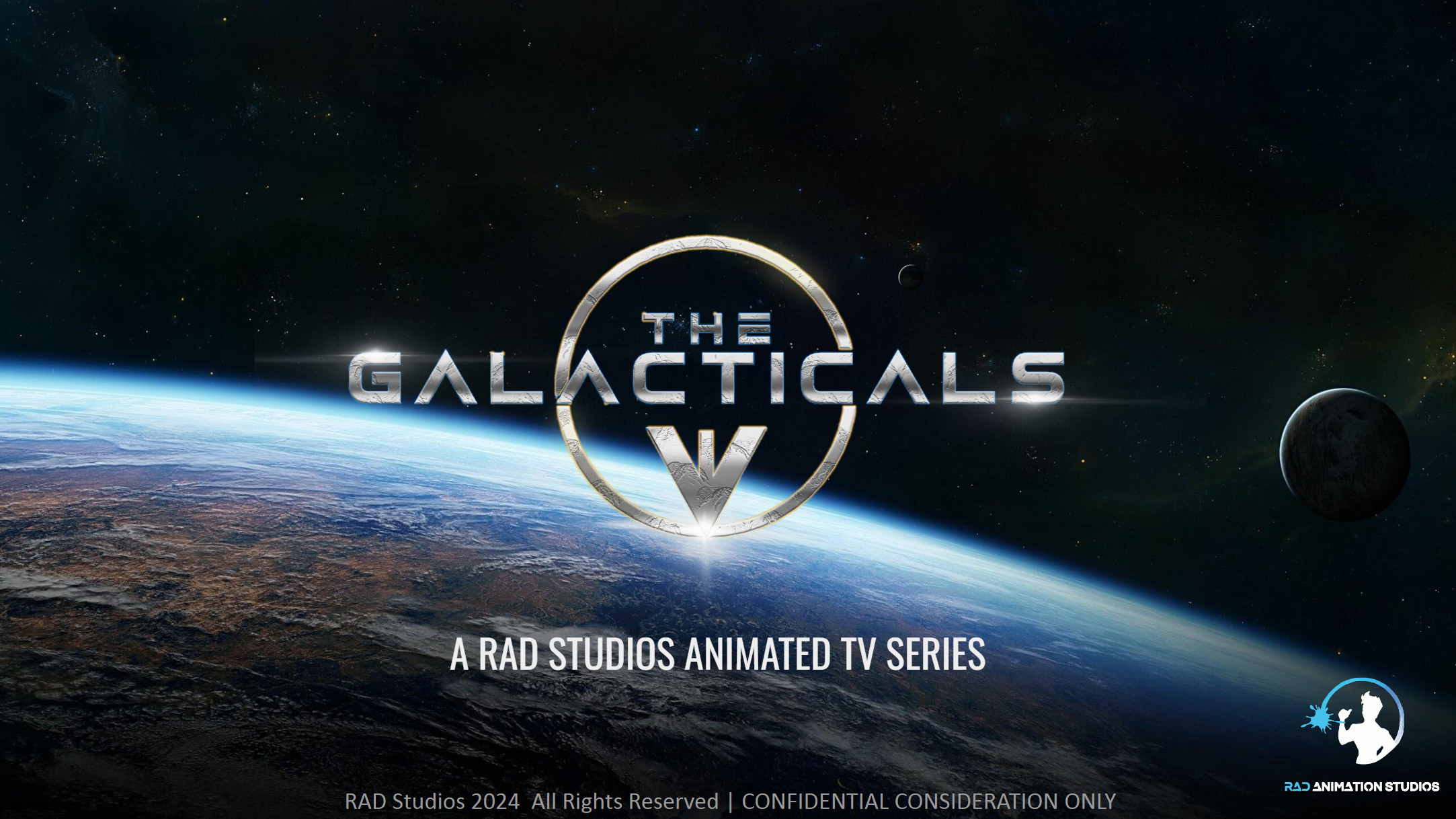 A space scene showing Earth from orbit with stars and planets in the background. Overlaid is the logo for 'The Galacticals,' a RAD Studios animated TV series, with the subtitle 'A RAD Studios Animated TV Series' and a small RAD Animation Studios logo in the bottom right corner.