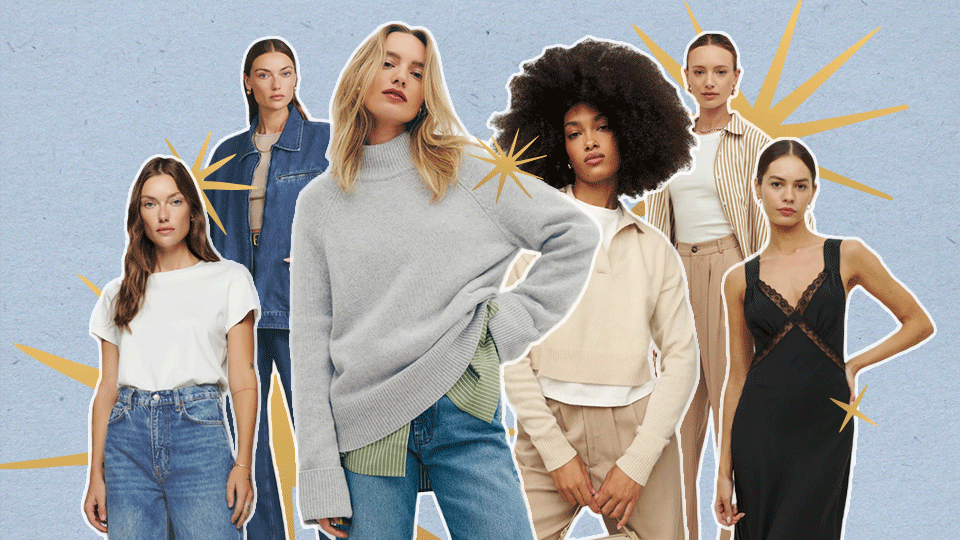 Group of six women in casual and fashionable clothing posing against a blue background with yellow starburst accents.