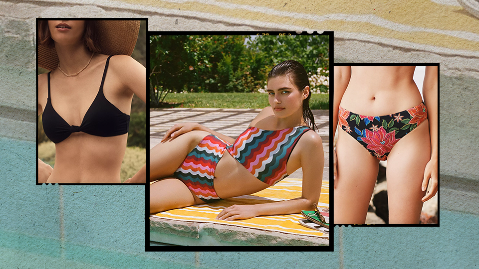  collage of three women wearing swimsuits outdoors, one in a black bikini, one in a colorful zigzag patterned swimsuit, and one in floral bikini bottoms.