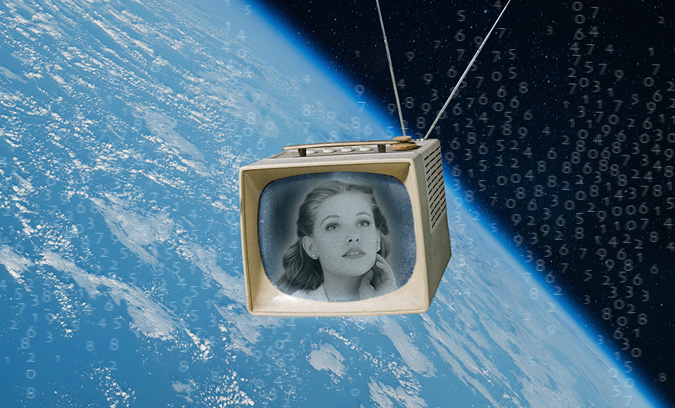 A vintage television set displaying a woman's face, floating above Earth with a cosmic background and solar system elements.