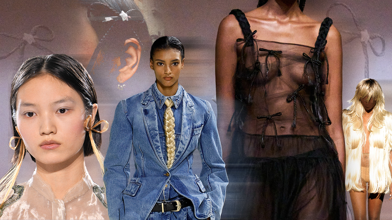 Fashion models in various outfits, including denim, sheer black dress with bows, and blonde hairstyle with a fluffy fur-like vest.