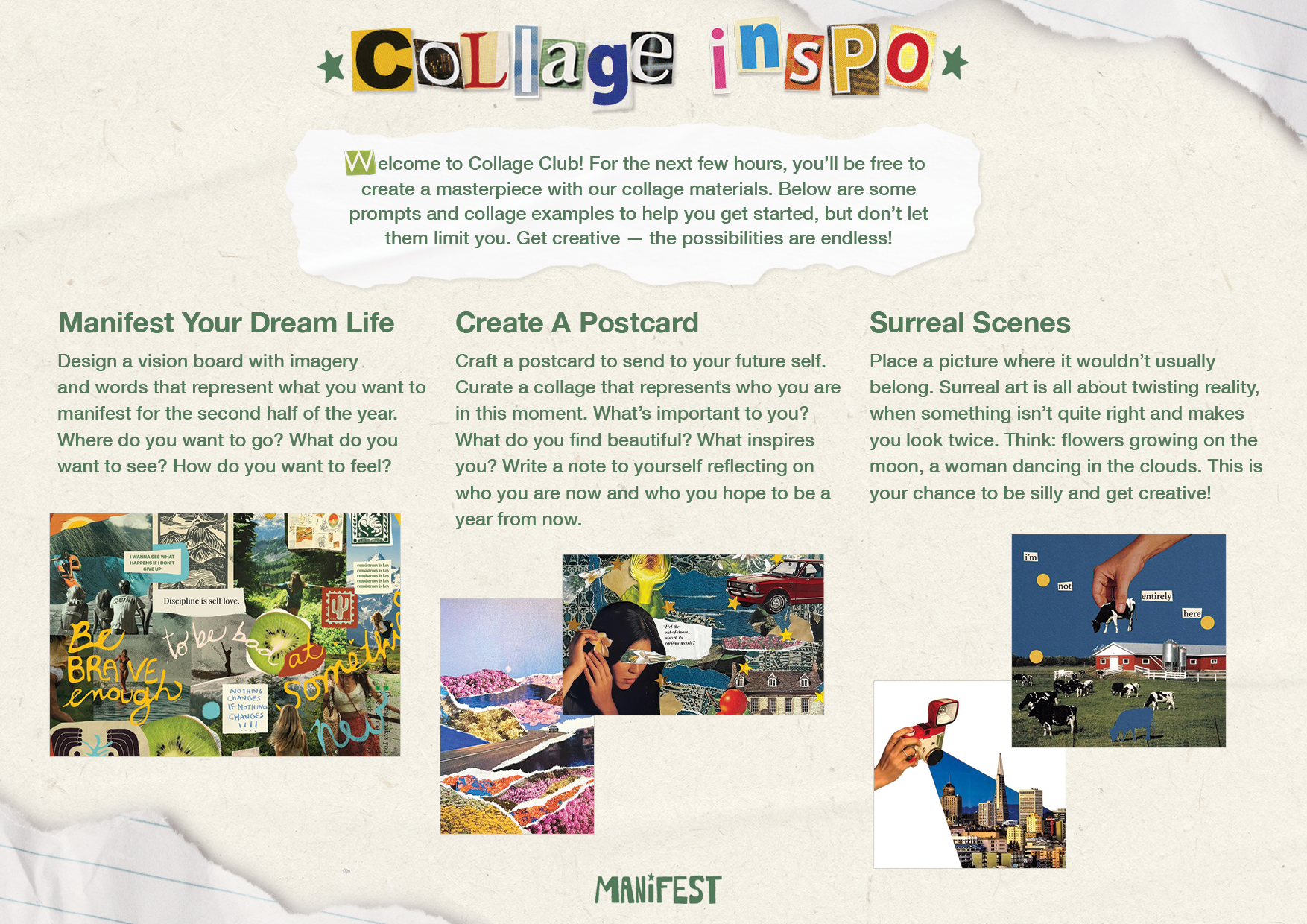 Collage Club print design with three creative collage prompts: Manifest Your Dream Life, Create A Postcard, and Surreal Scenes, each accompanied by sample collage images.