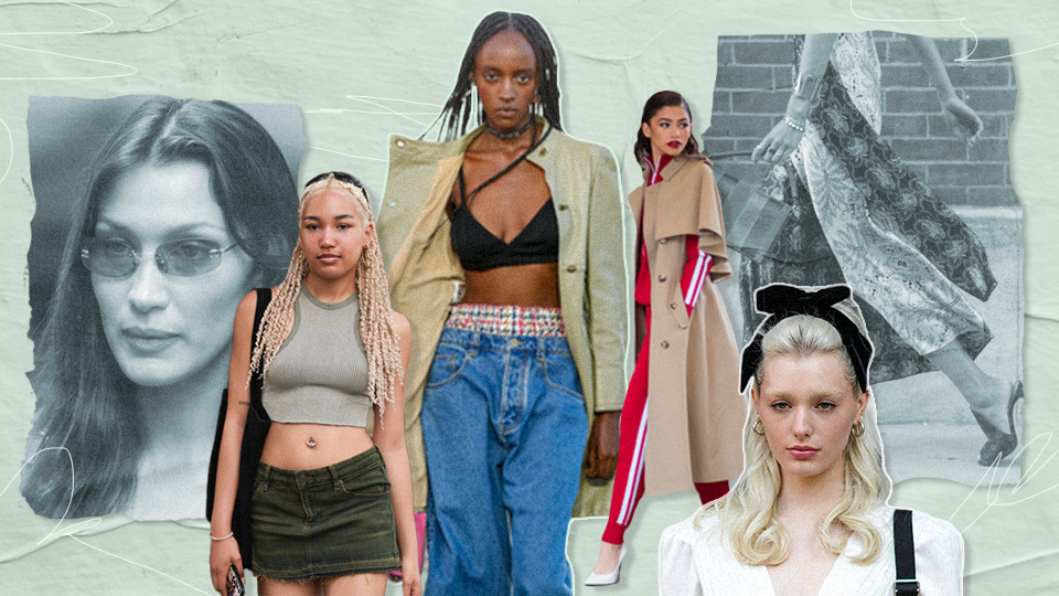 Collage of five women in fashionable outfits, with two black-and-white images of women in the background.