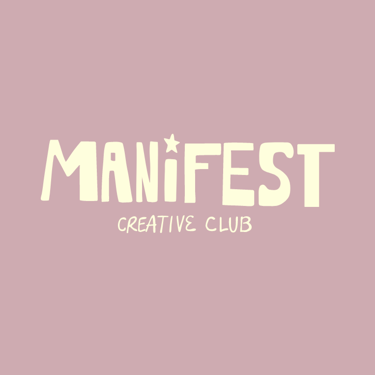 Pink background with the text 'MANIFEST' in large, cream-colored letters, and 'CREATIVE CLUB' in smaller, handwritten-style font below.