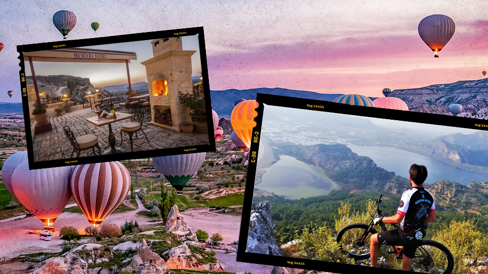 Photograph of colorful hot air balloons over a landscape with lakes and mountains at sunrise, with two overlapping inset photos: one of a cozy outdoor terrace with a fireplace, and another of a boy sitting on a mountain bike overlooking a lake and va