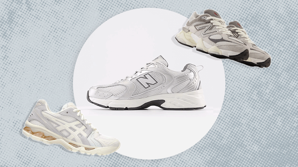 A collection of three athletic sneakers in different angles and colors, displayed on a light blue dotted background with a white circle in the center.