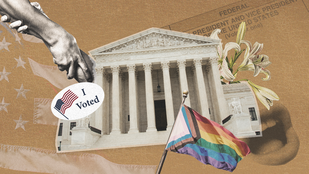 Collage of the U.S. Supreme Court building, a retired 'I Voted' sticker, a rainbow pride flag, a hand, and flowers.